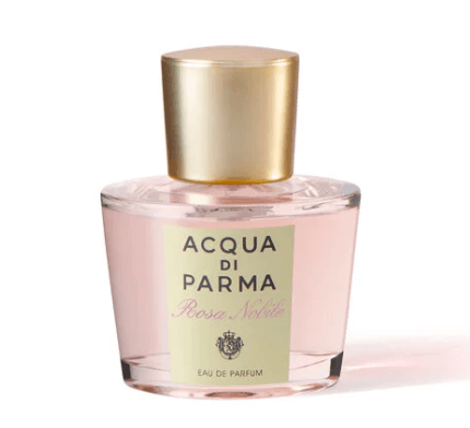 'ACQUA DI PARMA' 밑에 핑크색으로 'ROSA NOBILE'라고 적혀있으며 로즈 골드 뚜껑과 핑크색병이 인상적입니다.