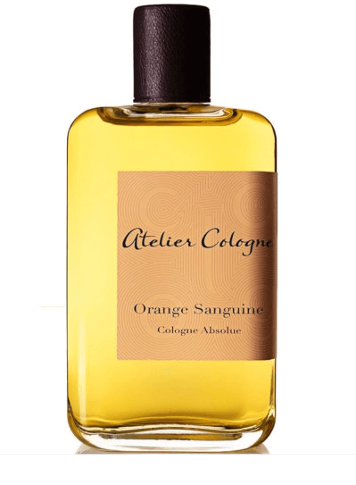 아틀리에 코롱 오렌지 생귄 향수로서 가운데 주황색 액체와 검은색 뚜껑 그리고 'Atelier Cologne'이라는 문구가 눈에 띕니다.